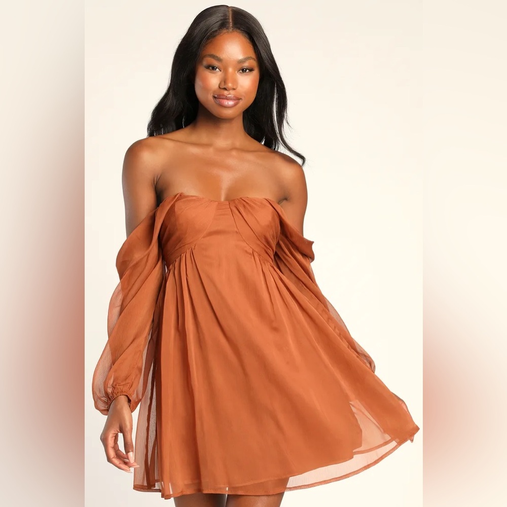 Lulus Dream Desire Rust Brown Off-the-Shoulder Long Sleeve Mini Dress
